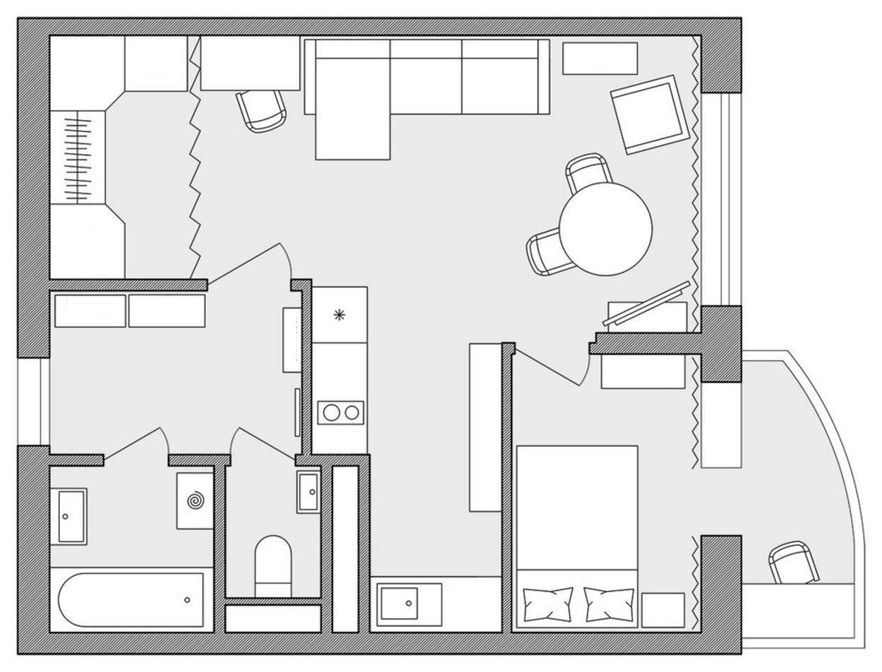 Sơ đồ thiết kế nội thất căn hộ diện tích 44m² do chính chủ nhân cung cấp.