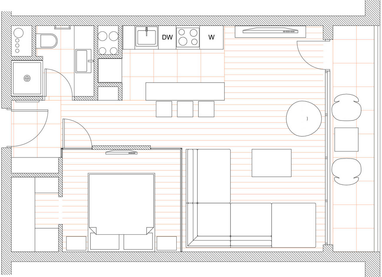 Sơ đồ thiết kế căn hộ diện tích 43m² do NTK nội thất Tanya Yakovleva đến từ Mousedesign cung cấp.