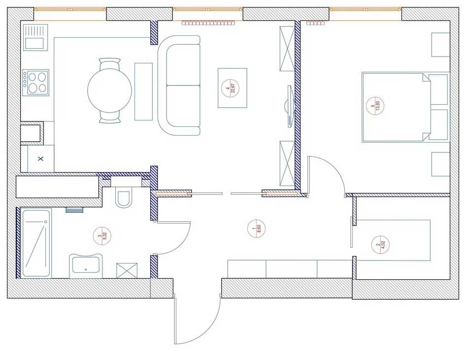 Sơ đồ thiết kế nội thất căn hộ diện tích 55m² của cặp vợ chồng son do NTK cung cấp.