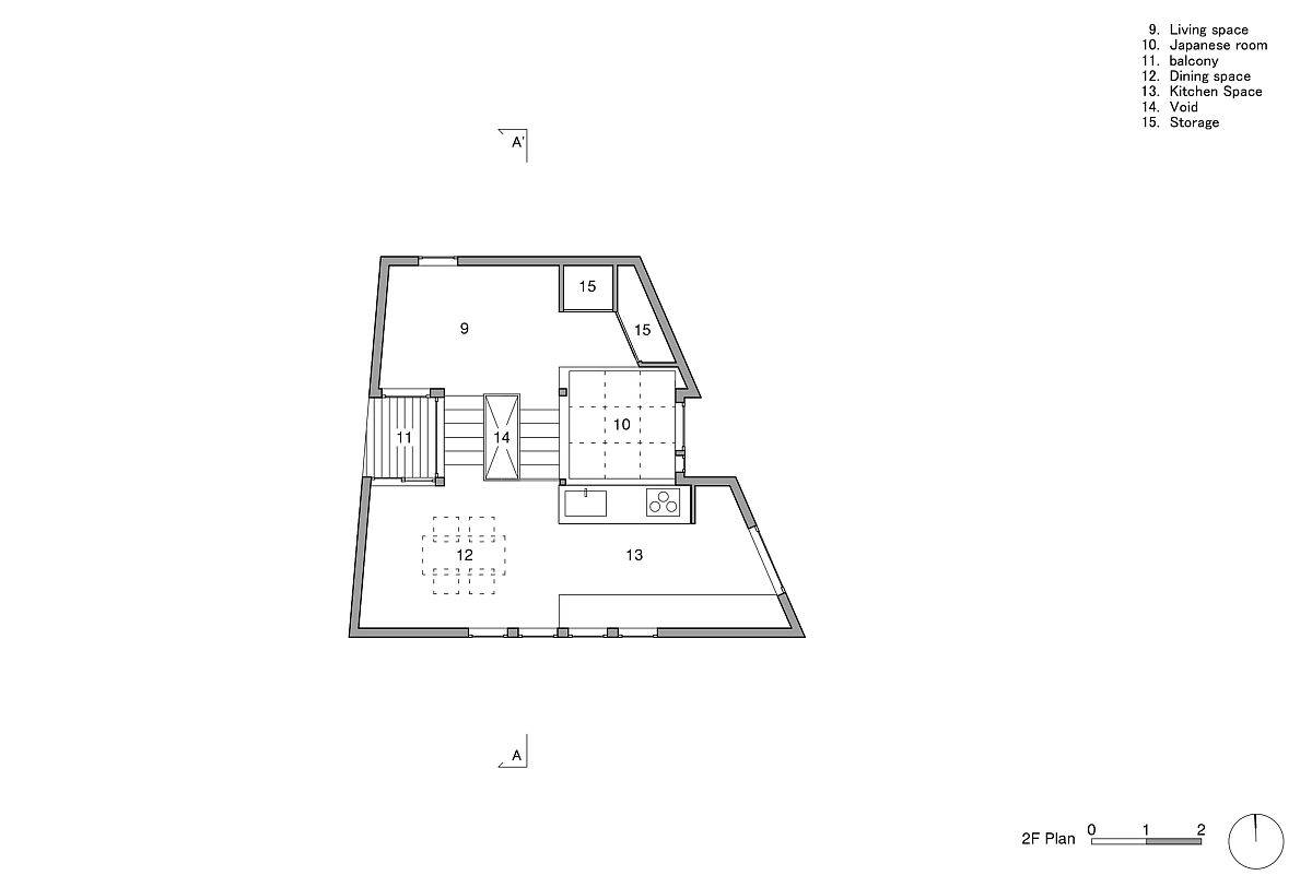 Mặt bằng tầng 2 với sự phân chia các tầng bao gồm khu vực tiếp khách, phòng bếp và không gian ăn uống.