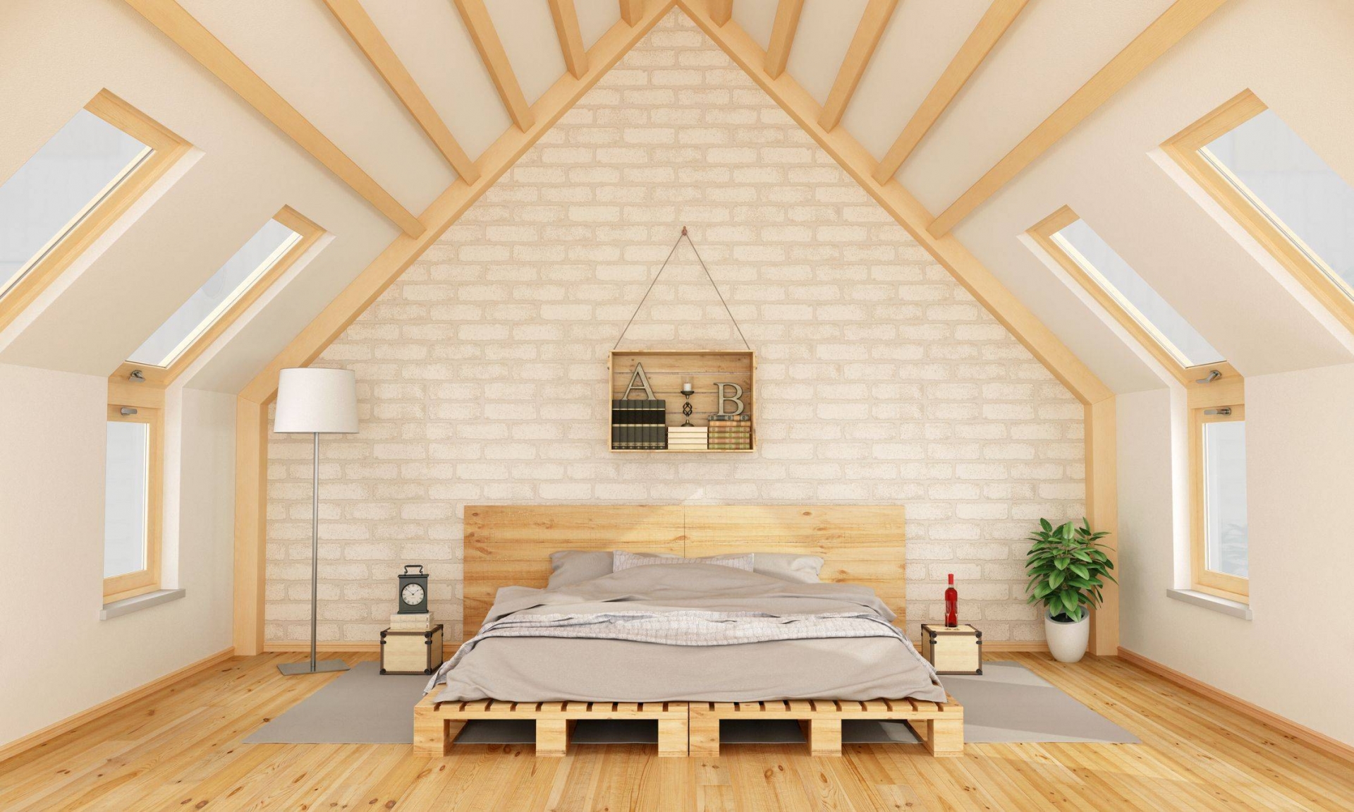 Phòng ngủ được thiết kế trên tầng áp mái với phong cách nhẹ nhàng của nội thất gỗ như sàn nhà, giường pallet gam màu tươi sáng,... Bức tường đầu giường ốp gạch mộc mạc cùng ánh sáng từ những ô cửa sổ trần cho không gian thoáng đãng.