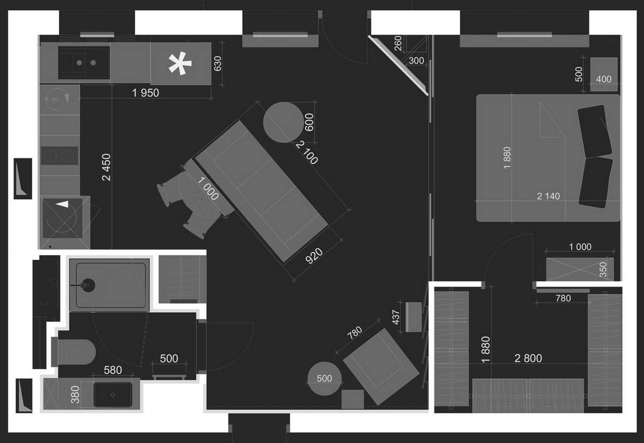 Sơ đồ thiết kế nội thất căn hộ 46m² sau khi cải tạo do IROOM Design Studio cung cấp.