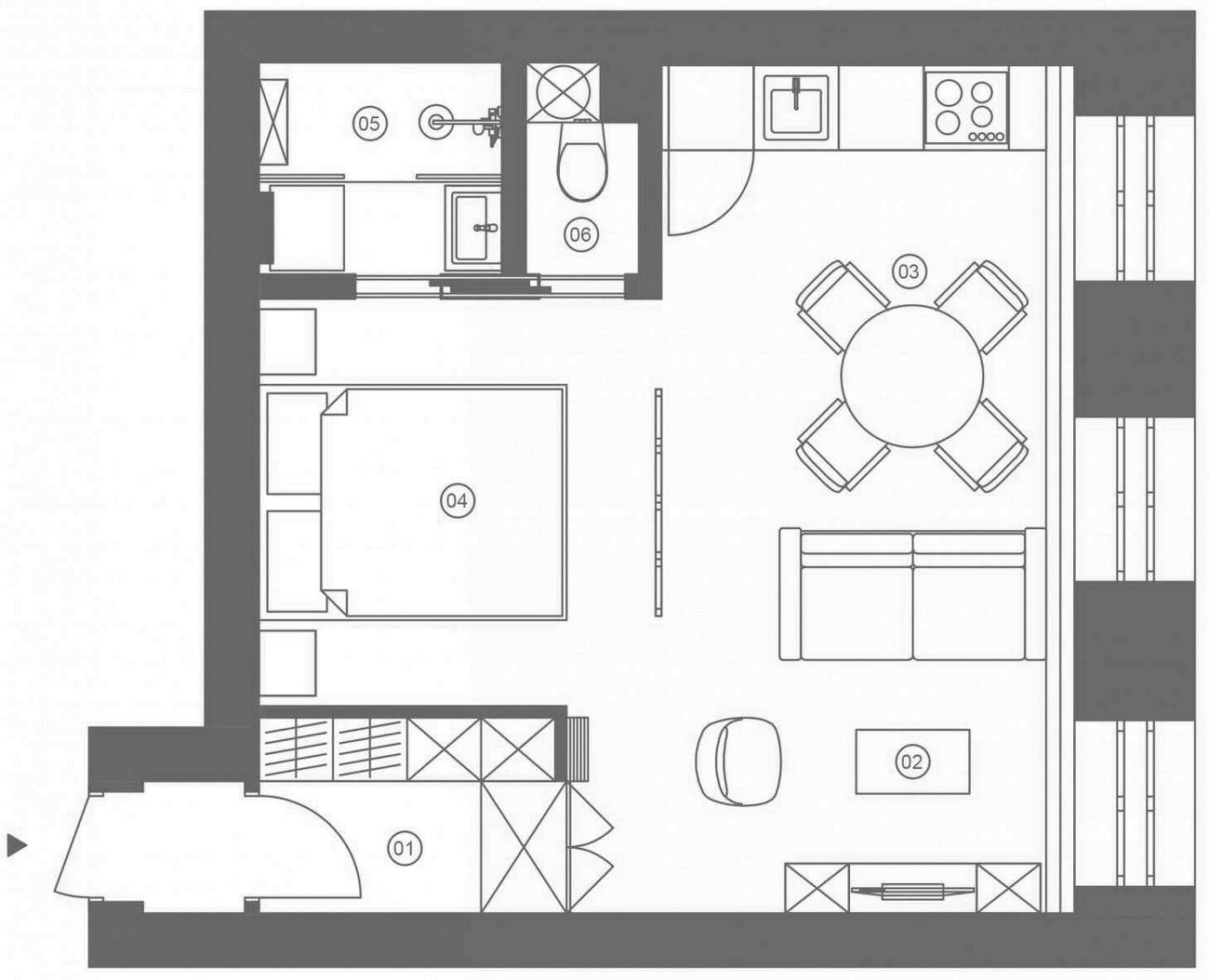 Sơ đồ thiết kế nội thất căn hộ có diện tích 33m² do 2 NTK Andrey Simonov và Ekaterina Savenko cung cấp.