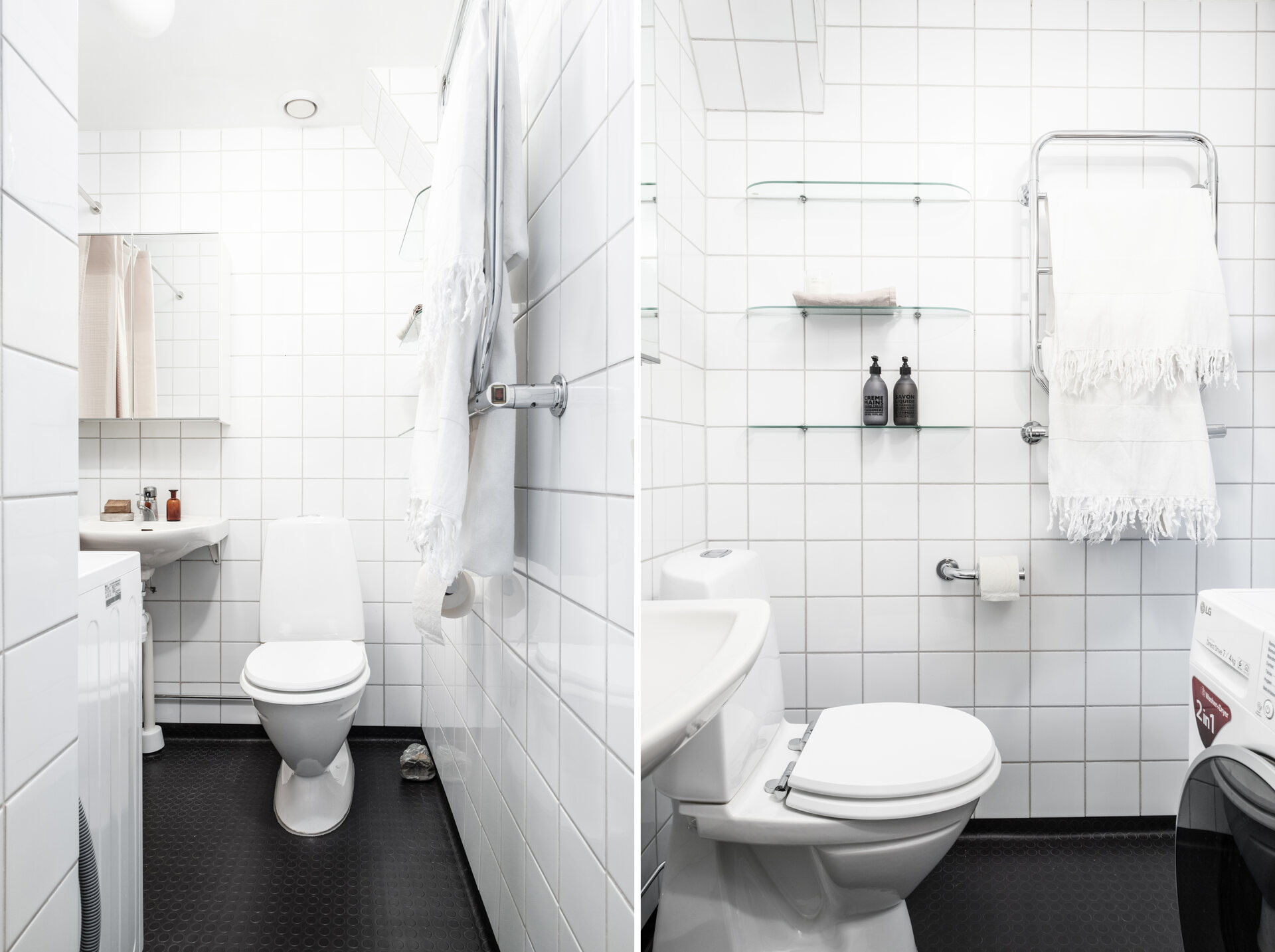 Và cuối cùng, chúng ta sẽ tham quan phòng tắm và nhà vệ sinh với tường ốp gạch ô vuông màu trắng sạch sẽ, tương phản với sàn nhà lát gạch đen. Những chiếc kệ mở trong suốt và kệ inox treo khăn tắm, cuộn giấy vệ sinh cho không gian luôn gọn gàng.