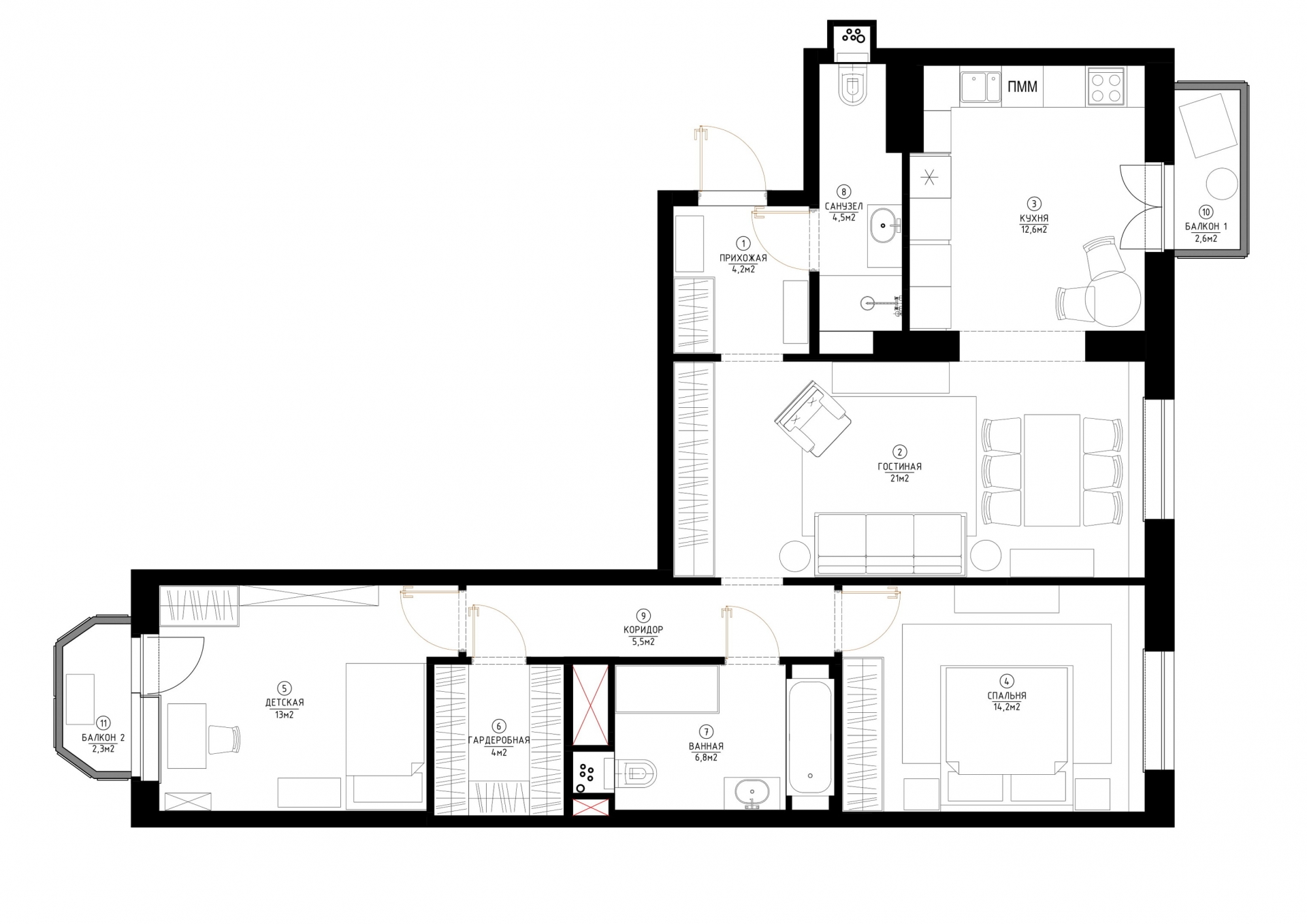 Sơ đồ thiết kế căn hộ diện tích 90m² do nhà thiết kế nội thất Marina Novikova cung cấp.