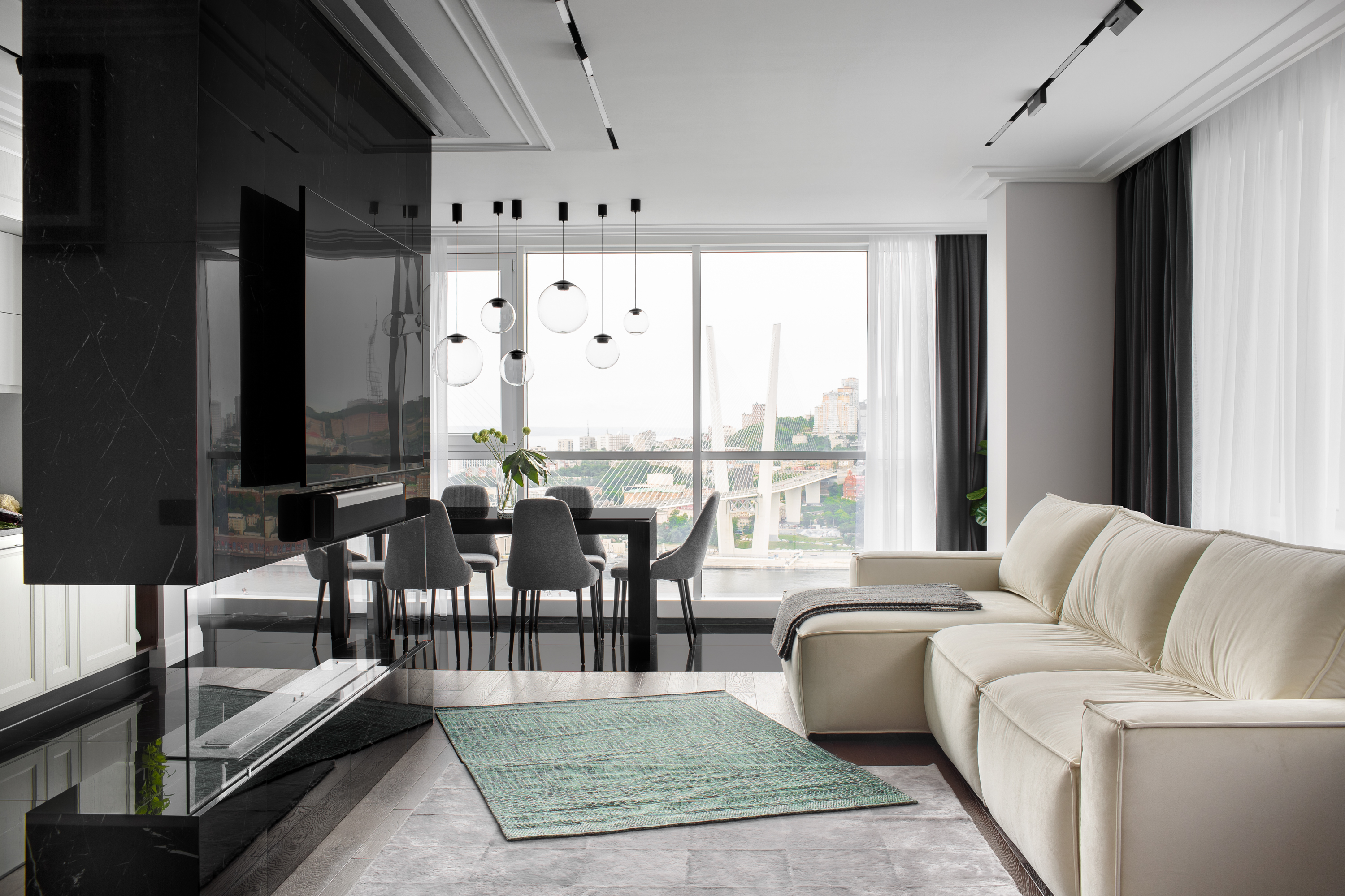 Căn hộ 100m² đen - trắng sang trọng với nội thất đá cẩm thạch, gỗ tự nhiên