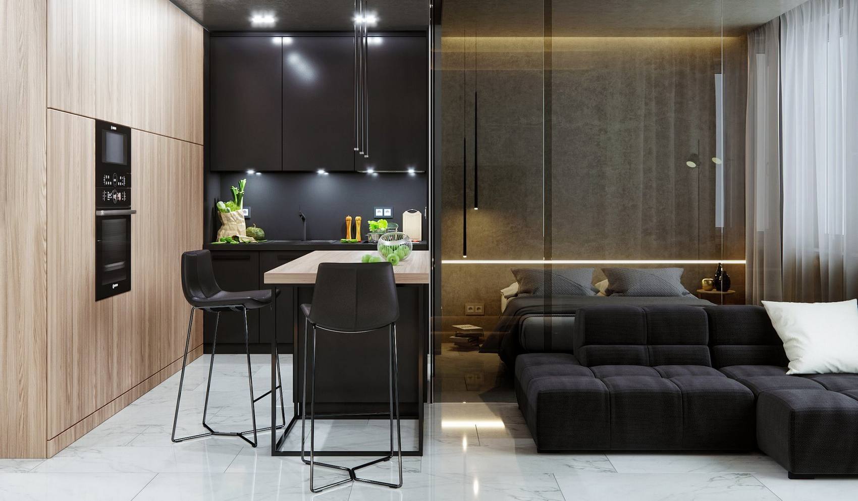 Căn hộ 38m² của anh chàng độc thân với vách ngăn kính màu phân vùng phòng ngủ một cách sang trọng