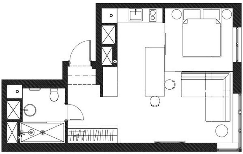 Sơ đồ thiết kế nội thất căn hộ diện tích 38m² của anh chàng độc thân do NTK cung cấp.