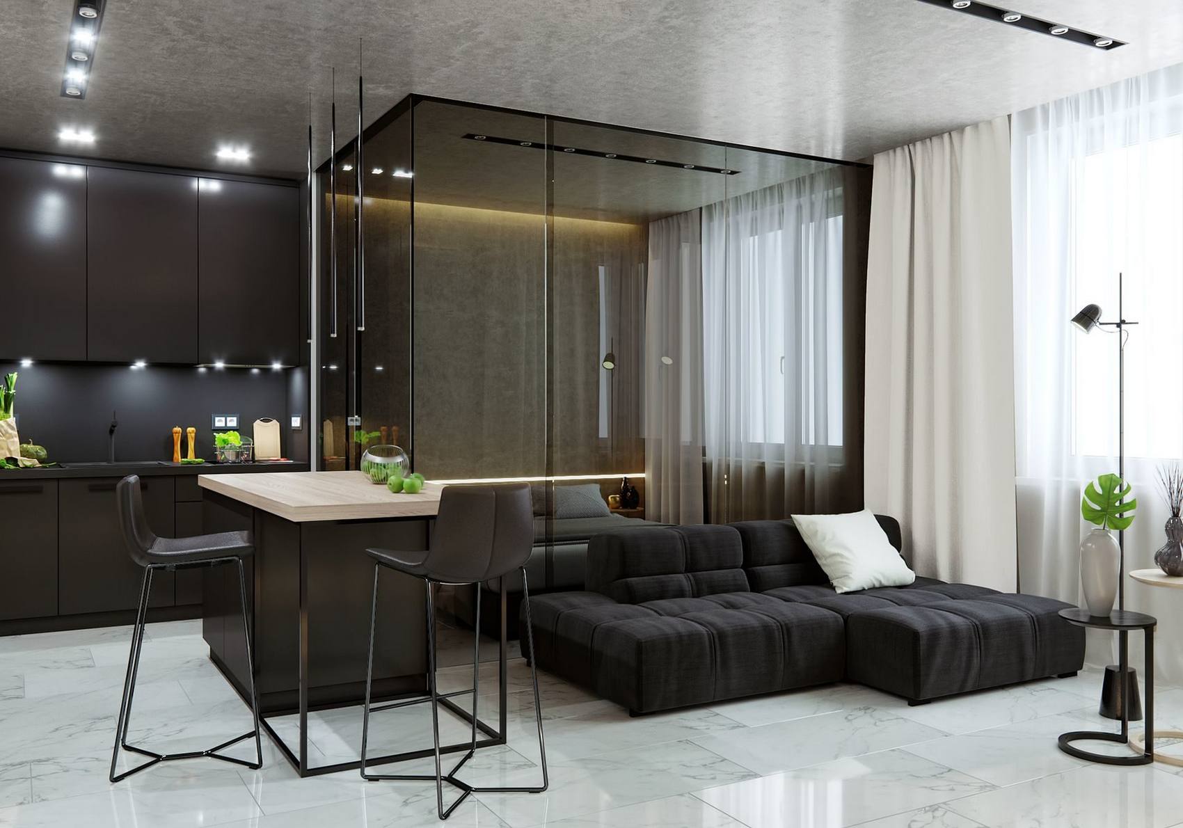Vì diện tích căn hộ chỉ vỏn vẹn 38m² nên thiết kế mở là giải pháp hợp lý hơn cả. Phòng khách với ghế sofa kiểu module màu đen nổi bật trên nền đá hoa cương trắng, bàn nước nhỏ nhắn với chậu gốm cao duyên dáng cùng đèn sàn cung cấp ánh sáng tiện nghi.