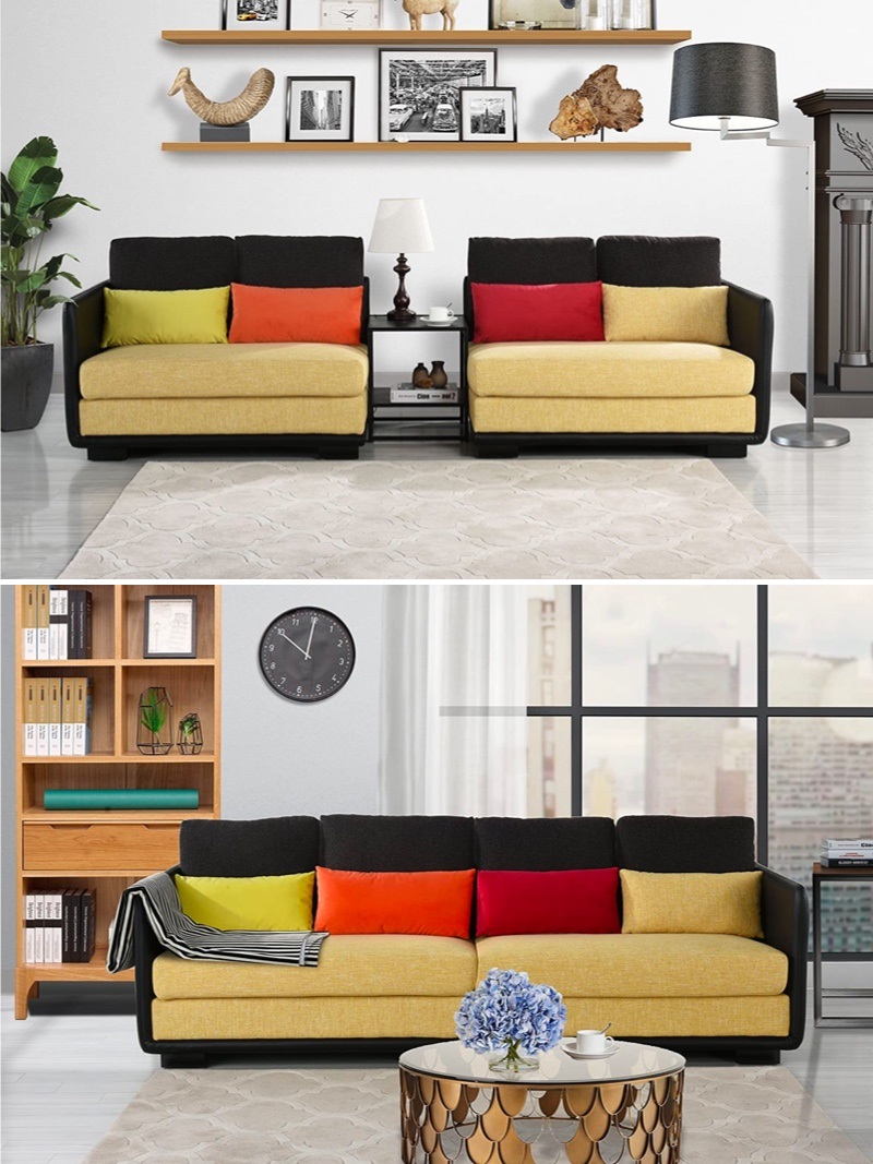 Thiết kế sofa mô-đun 2 phần tách rời này sẽ khiến cho phòng khách nhỏ của bạn trở nên nổi bật nhờ màu sắc kết hợp của đệm ngồi, tựa lưng, gối tựa. Khung gỗ kiểu dáng thấp sàn được bọc bằng chất liệu da bền đẹp, thêm vào vải lanh mịn màng, hoàn hảo.