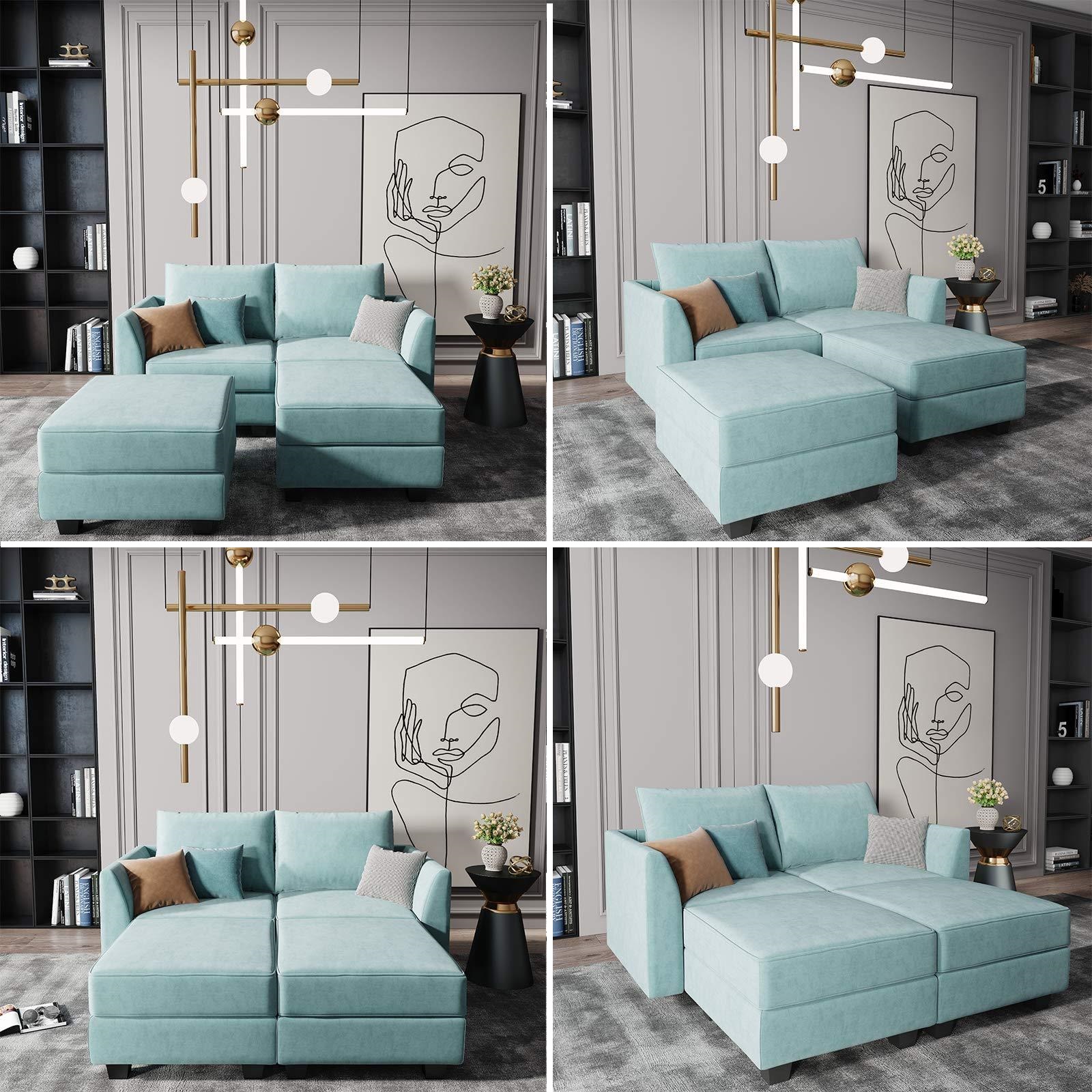 Đối với những căn hộ diện tích nhỏ, gác xép hay bất cứ không gian 'khiêm tốn' nào thì thiết kế này sẽ là giải pháp hoàn hảo khi chọn nội thất. Đệm sofa màu xanh ngọc lam mềm mại nhưng chắc chắn, ngăn cảm giác bị lún. Nhờ thiết kế module tùy chỉnh, người dùng có thể tạo ra sofa đôi với ghế phụ, bàn nước hoặc tạo thành chiếc giường êm ái.