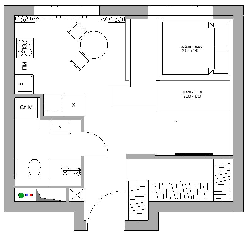 Sơ đồ thiết kế căn hộ diện tích 35m² do nhà thiết kế nội thất Victoria Volkova cung cấp.