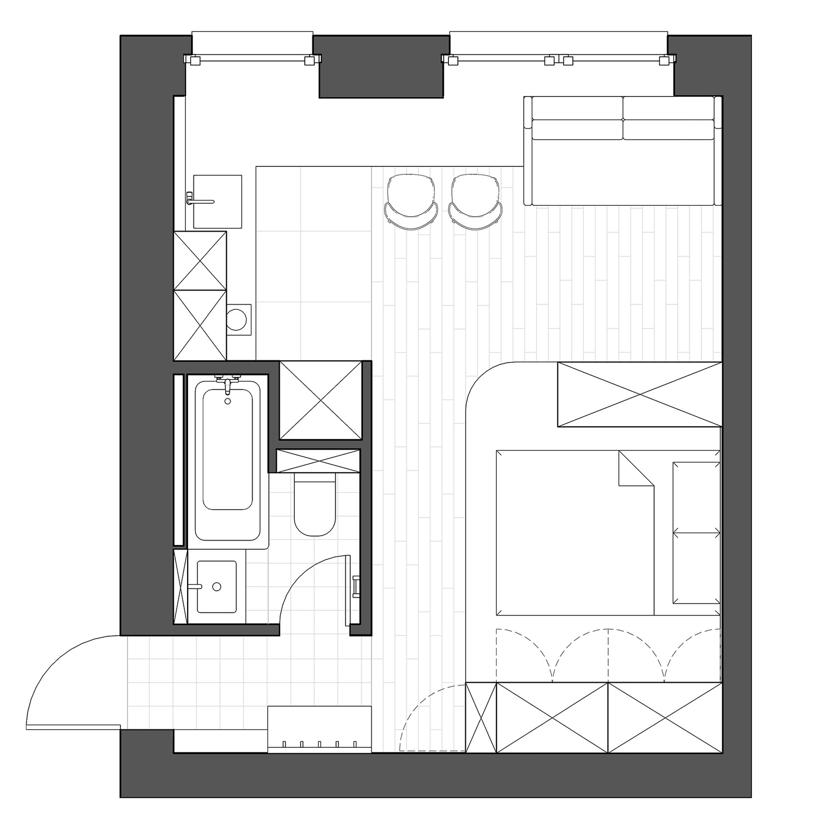 Sơ đồ thiết kế nội thất căn hộ 25m² sau cải tạo do NTK Lev Kononov cung cấp.