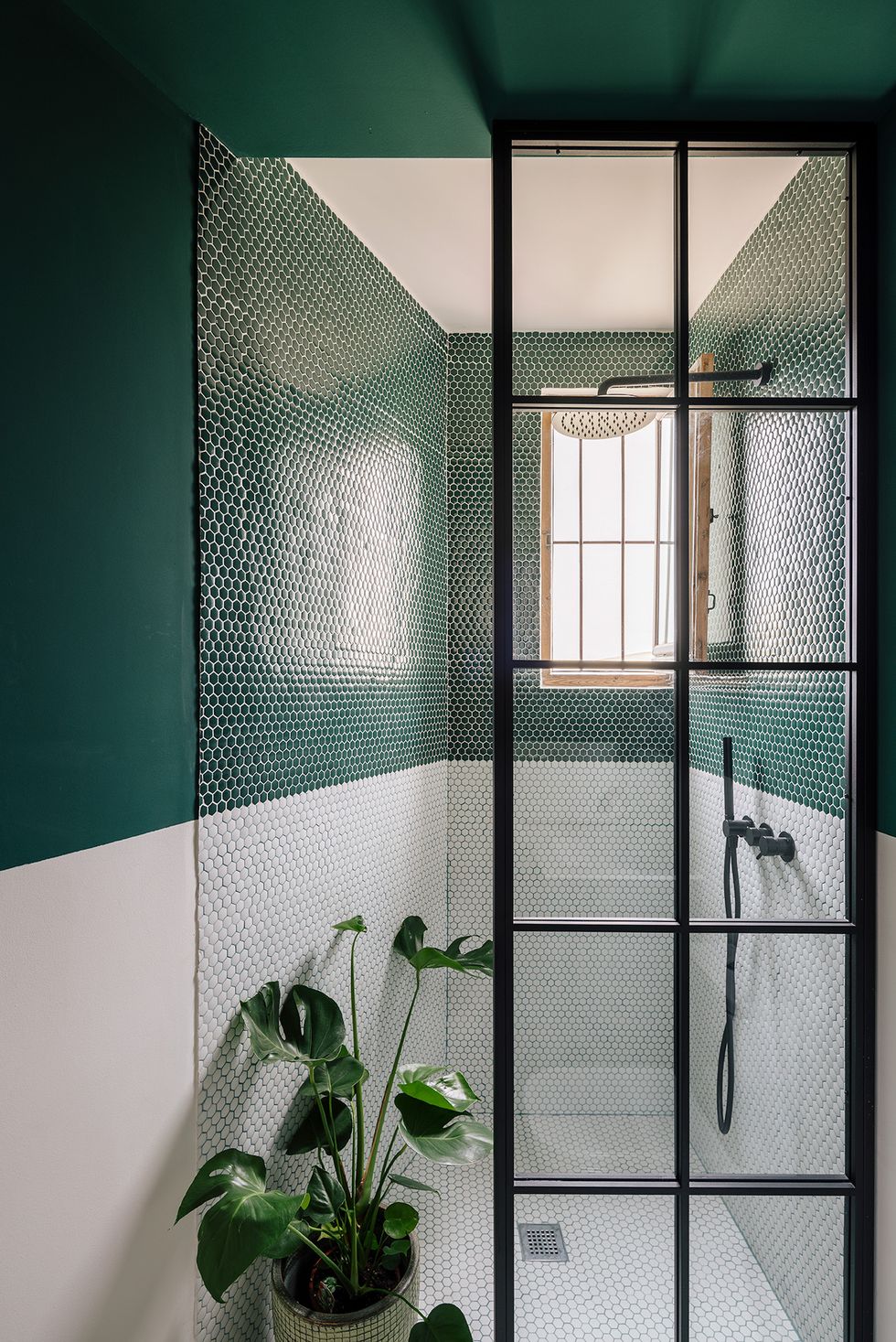 Phòng tắm này lôi cuốn nhờ màu sơn và đá ốp tường màu xanh ngọc lục bảo thời thượng. Bên dưới, chậu cây nổi bật trên nền tường trắng cho không gian sinh động.