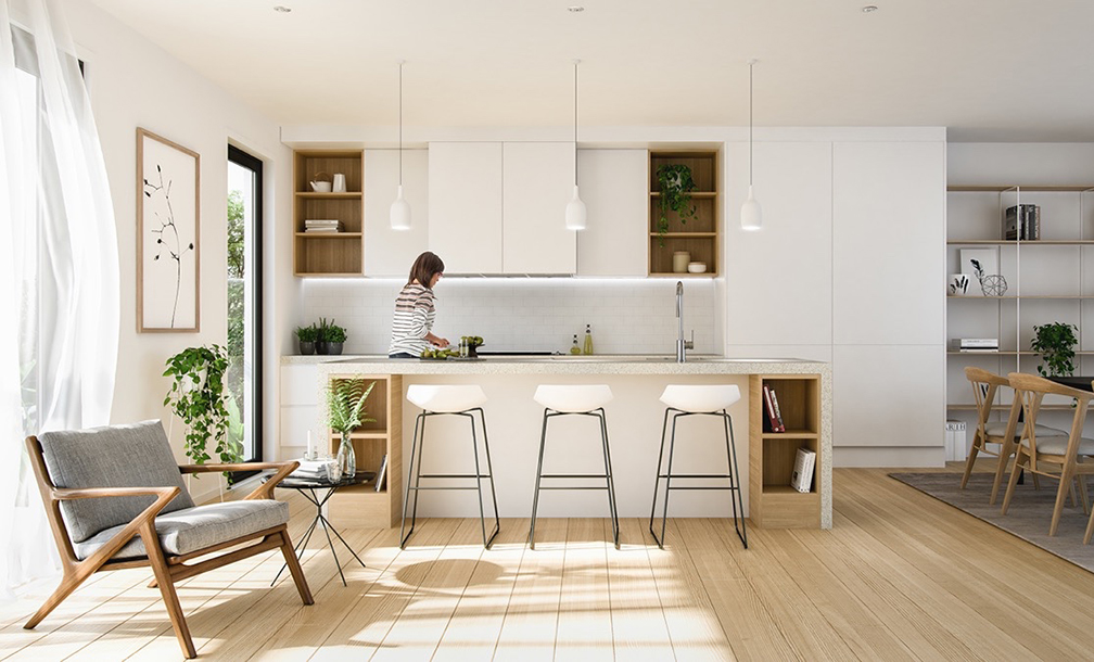 Để tăng không gian chuẩn bị nấu nướng - ăn uống trong căn phòng, bạn có thể bố trí một đảo bếp song song hoặc quầy bar nhỏ.