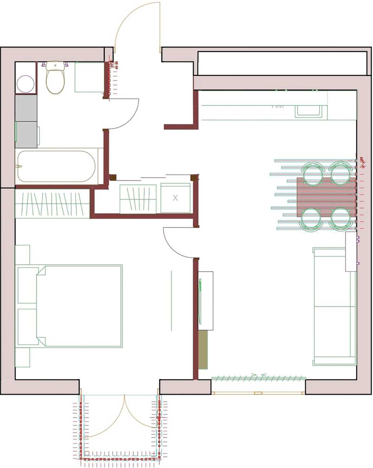 Sơ đồ thiết kế căn hộ diện tích 43m² do NTK nội thất Irina Dolganova cung cấp.
