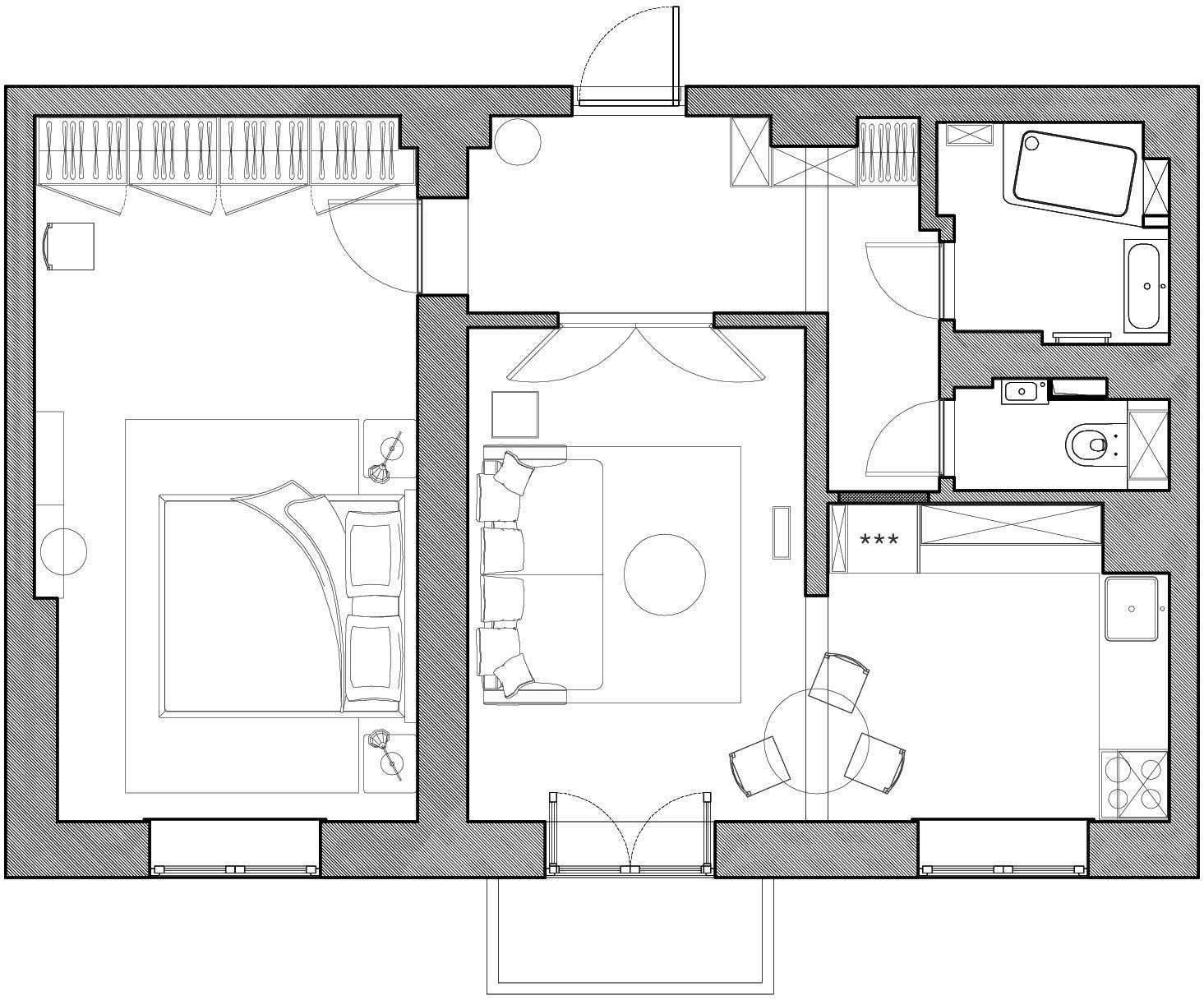 Sơ đồ thiết kế căn hộ diện tích 50m² do NTK nội thất Tatiana Kazantseva cung cấp.