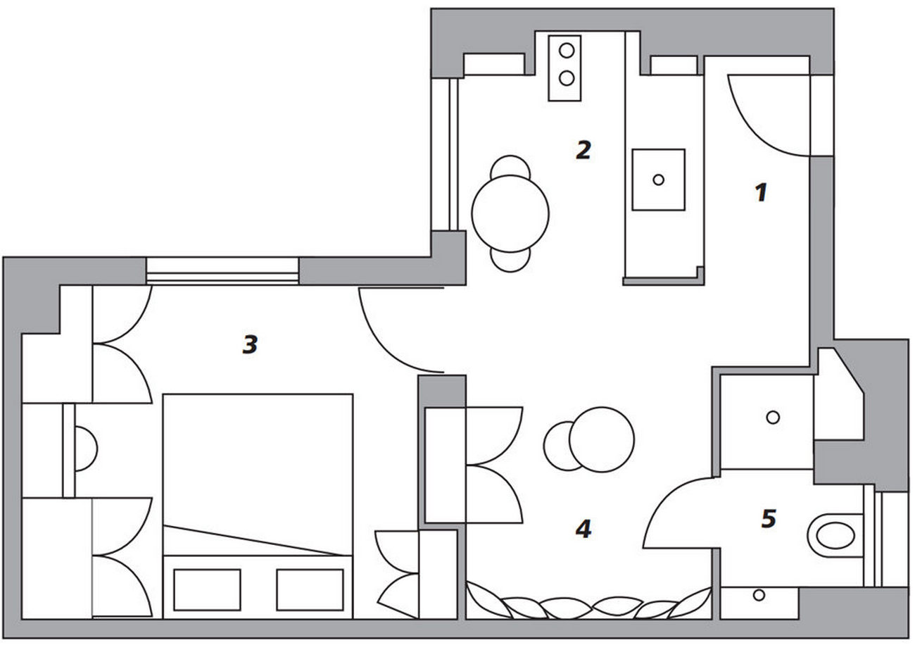 Sơ đồ thiết kế mặt bằng căn hộ 25m² do NTK Marianne Evennou cung cấp.