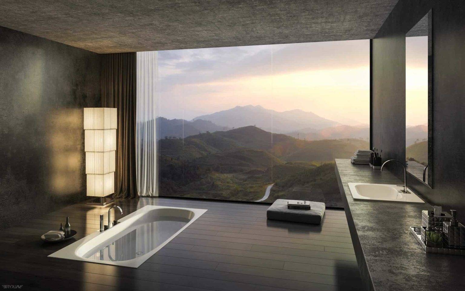 Phòng tắm rộng rãi tuyệt đẹp với bồn tắm chìm trên sàn gỗ, tường kính trong suốt nhìn ra khung cảnh núi non thơ mộng. Hình ảnh đẹp như một bức tranh sơn thủy đắt giá khiến bao người mơ ước được sở hữu.