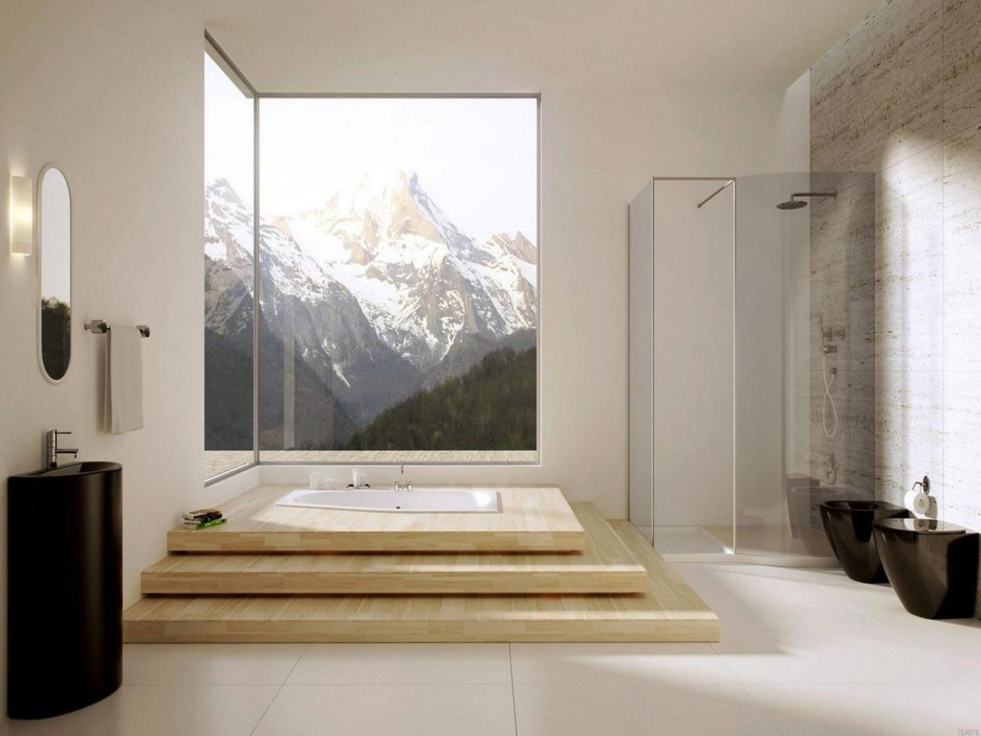 Phòng tắm rộng rãi với thiết kế '2 trong 1': Bồn tắm chìm trên những bậc tam cấp bằng gỗ nhìn ra khung cảnh núi non trùng điệp; buồng tắm đứng cửa kính ở góc phòng được thiết kế tối giản để chủ nhân có nhiều lựa chọn hơn.