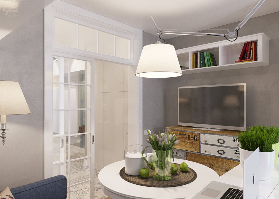 Phòng bếp được phân vùng với phòng khách - phòng ăn - phòng ngủ bằng cửa kính trượt trong suốt với khung màu trắng kiểu Pháp cổ điển. Giải pháp này vừa tạo sự riêng tư vừa đón sáng cho không gian nhỏ thoáng đãng hơn.