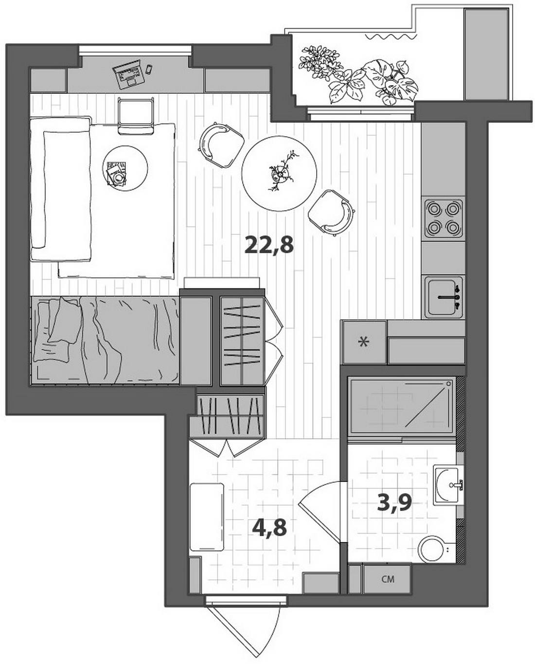 Sơ đồ thiết kế nội thất căn hộ 34m² do NTK nội thất Maria Nechaeva cung cấp.