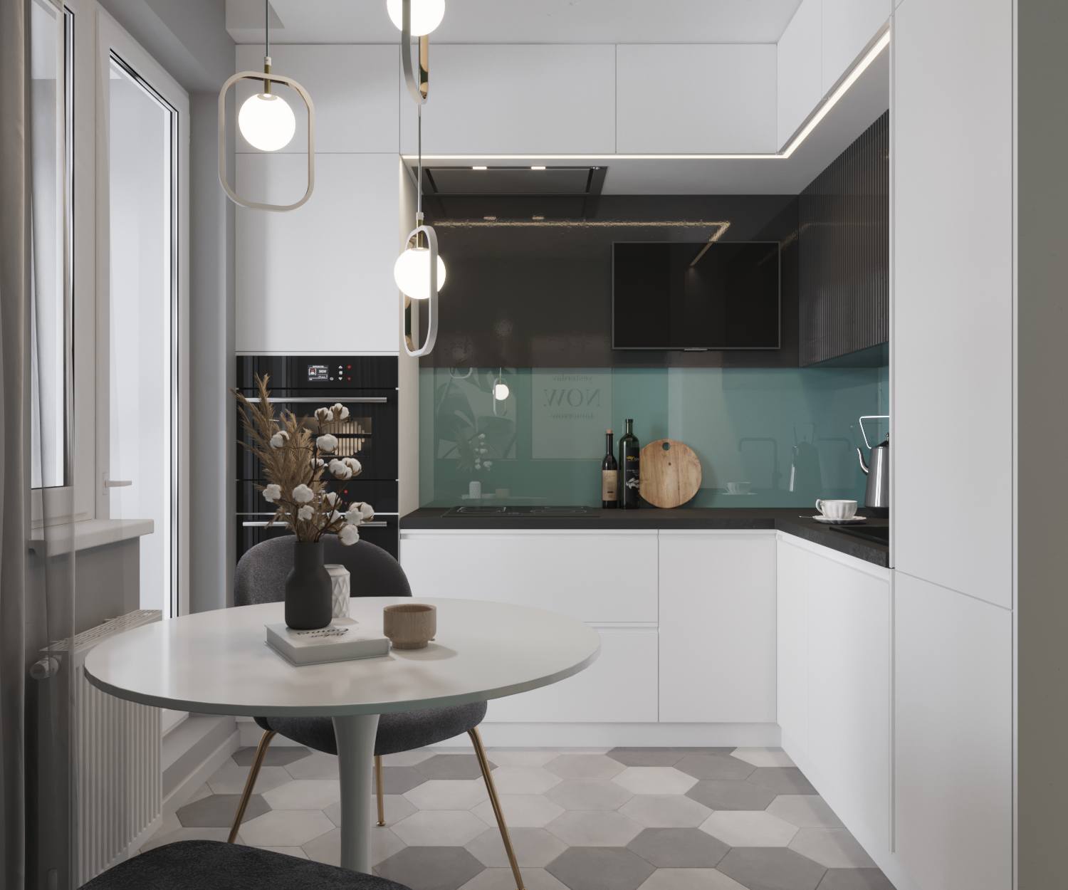 Phòng bếp thiết kế kiểu chữ L - giải pháp vừa phù hợp với cấu trúc căn hộ vừa đảm bảo sự gọn gàng, tiện nghi. Khu vực backsplash với gam màu xanh bề mặt bóng loáng như gương, phản chiếu hình ảnh xung quanh cho bếp màu trắng thêm nổi bật.