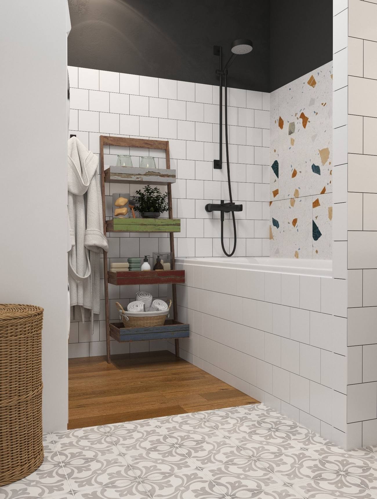 Phòng tắm là sự kết hợp của rất nhiều màu sắc: Phần trên tường nối với trần nhà sơn màu đen tạo chiều sâu nổi bật trên nền tường trắng. Ngay cả trên sàn nhà cũng phân vùng toilet và phòng tắm bằng gạch bông và gỗ lát sàn.