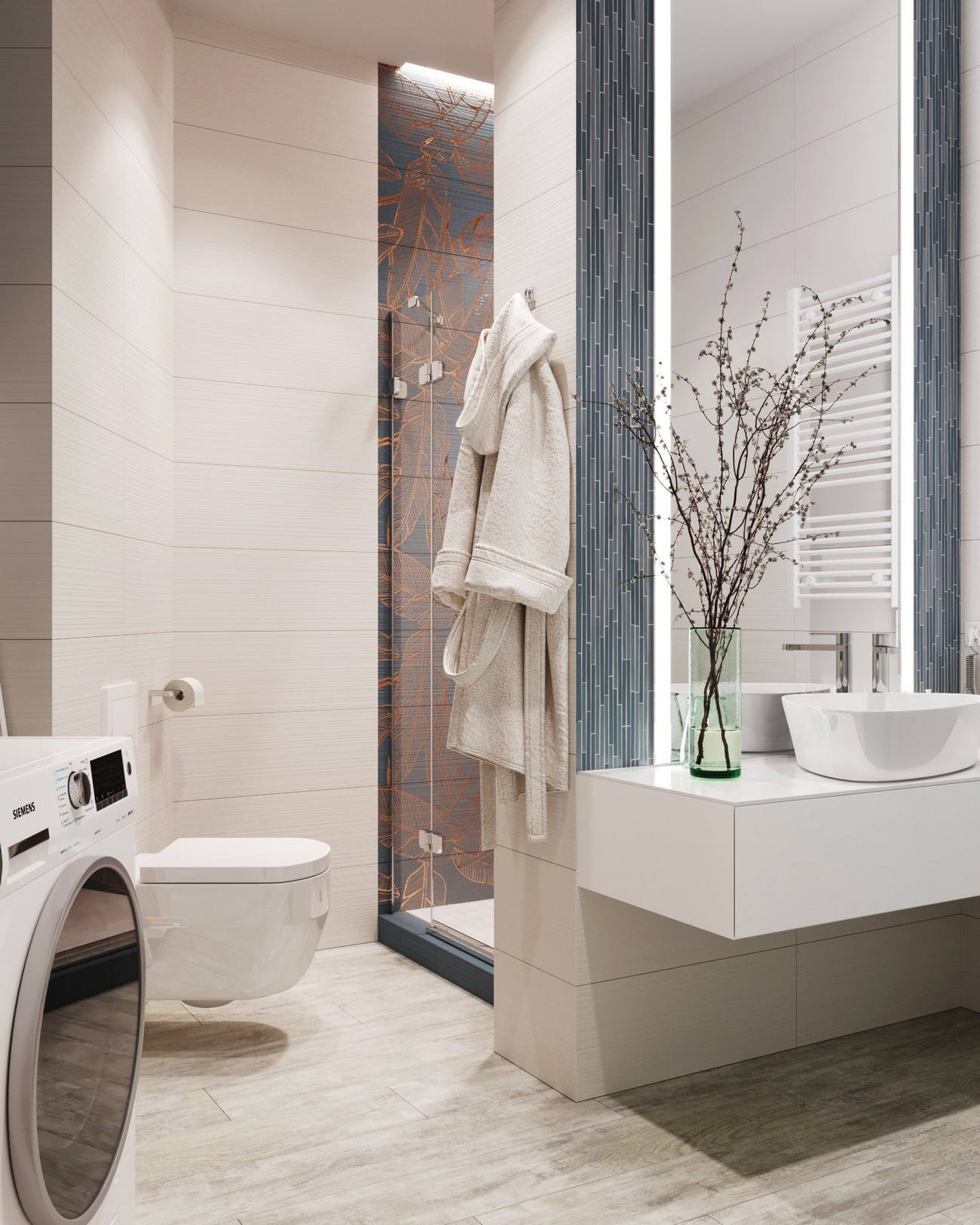 Phòng tắm và nhà vệ sinh được thiết kế với bức tường ốp gạch theo chiều ngang, cộng với tấm gương lớn tích hợp đèn LED trên tường bồn rửa cho cảm giác căn phòng rộng rãi hơn nhờ “đánh lừa” thị giác. 