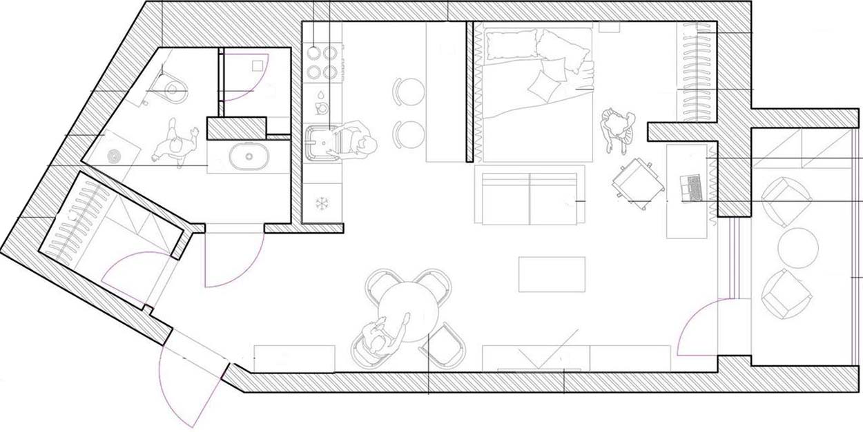 Sơ đồ thiết kế căn hộ diện tích 49m² do MUZA Design Studio cung cấp.