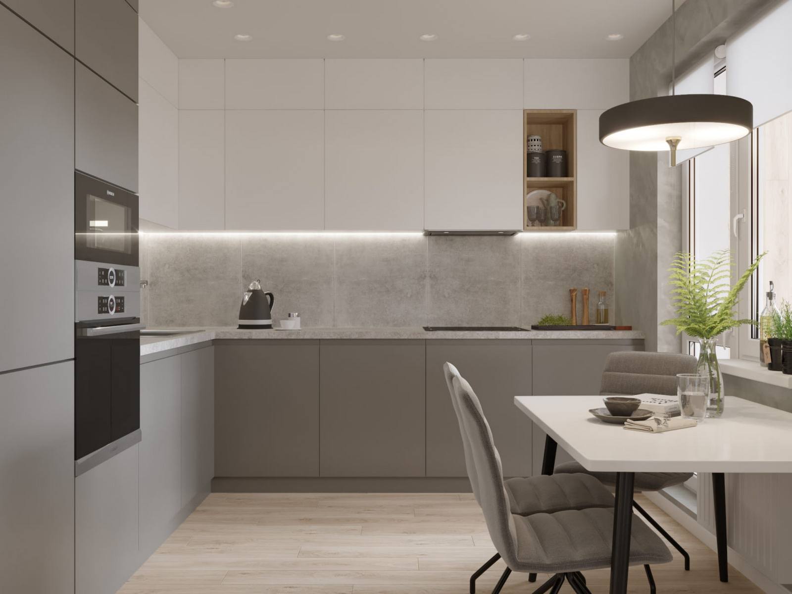 Phòng bếp lựa chọn thiết kế kiểu chữ L - giải pháp phù hợp với những căn hộ có diện tích vừa và nhỏ. Bên cạnh hệ thống đèn âm trần, NTK nội thất cũng bổ sung đèn gầm bên dưới mặt tủ bếp trên để cung cấp nguồn sáng dồi dào khi nấu nướng.