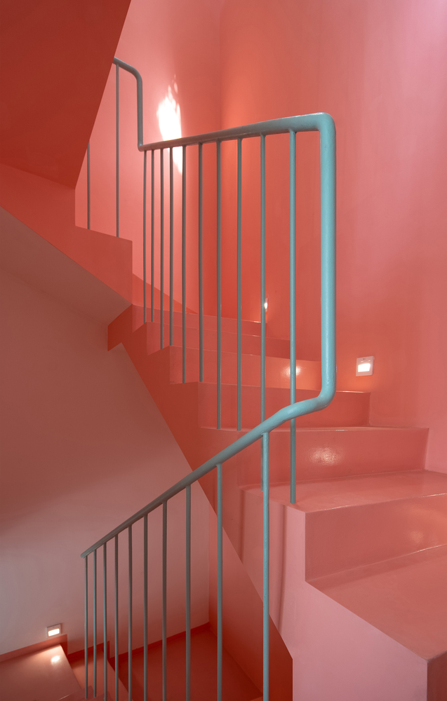 Toàn bộ tường và tam cấp cầu thang được sơn màu hồng san hô nổi bật, phần lan can tay vịn sơn màu xám nhẹ nhàng.