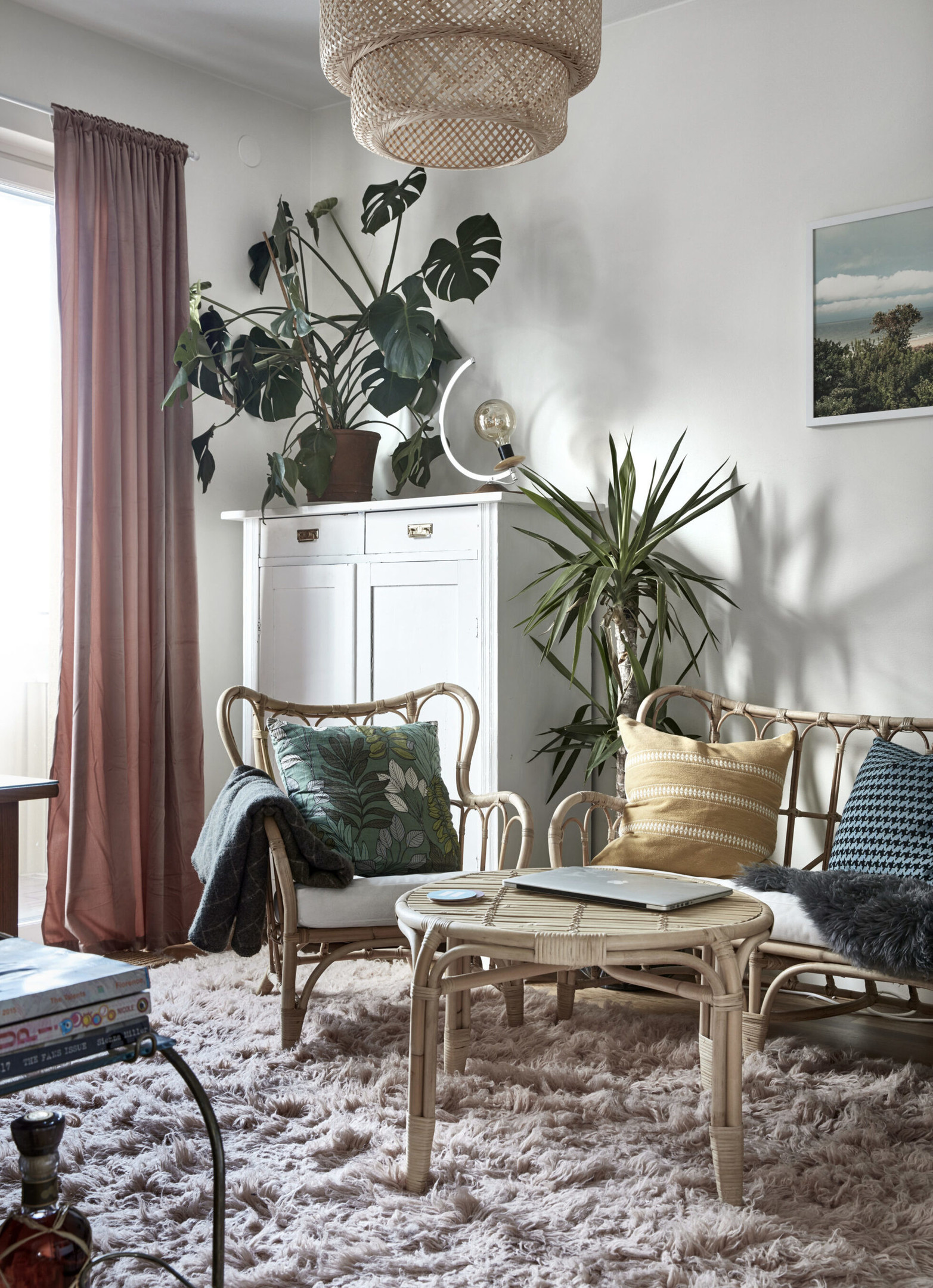 Căn hộ của nhiếp ảnh gia Jimmy Eriksson tại Stockholm (Thụy Điển) với phòng khách sử dụng hầu hết nội thất mây tre đan: Từ ghế sofa, ghế bành, bàn nước,... kết hợp sắc xanh của những chậu cây cảnh cho không gian thêm phần sinh động.