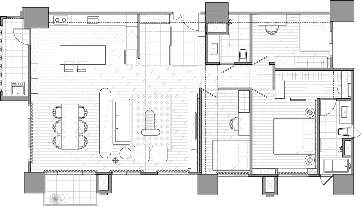 Sơ đồ thiết kế căn hộ 43m² của gia đình 3 thành viên do Mujie Space Design cung cấp. 