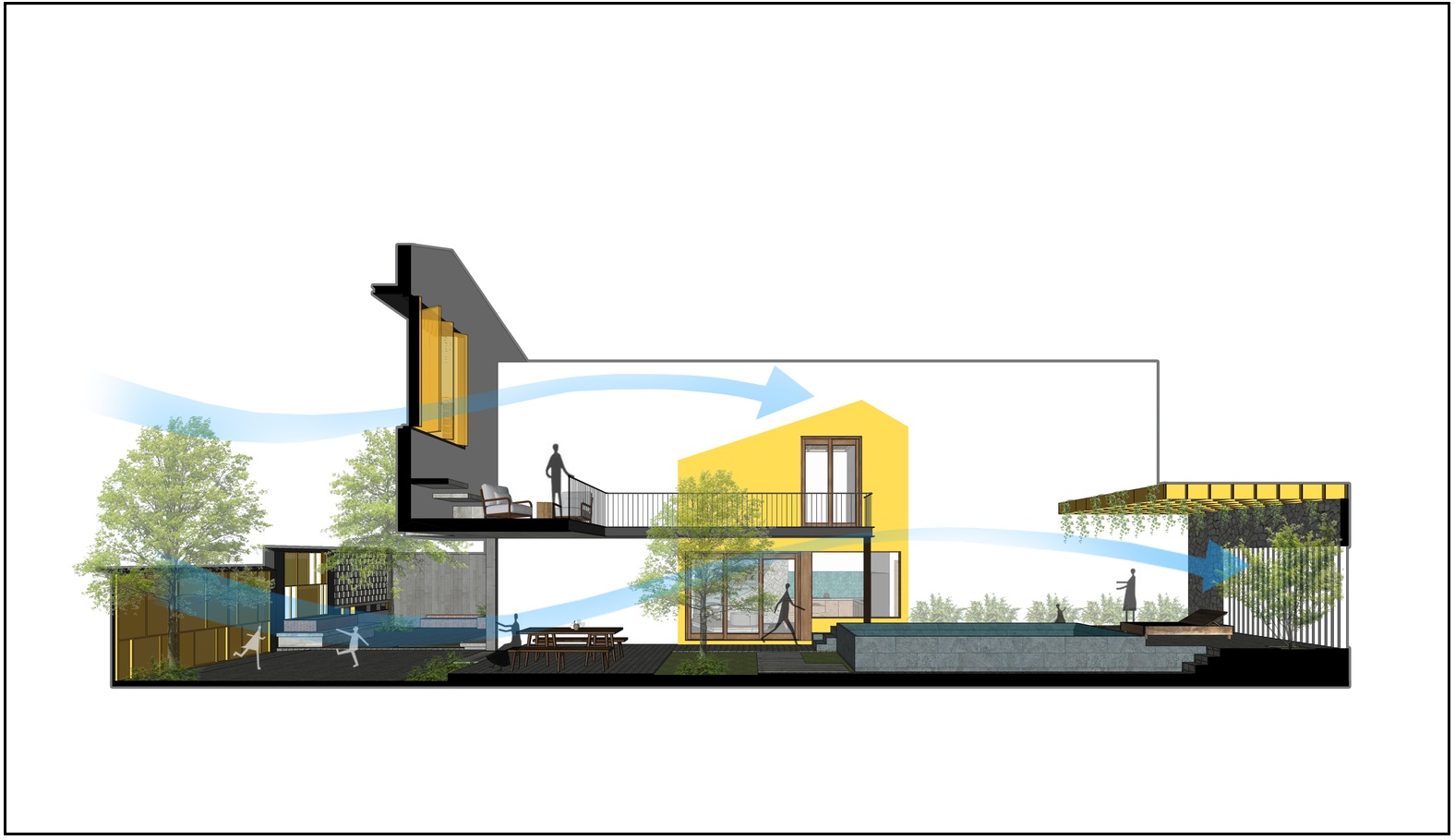 Sơ đồ thiết kế mặt bằng và hình ảnh mặt cắt của ngôi nhà do IZ Architects cung cấp.