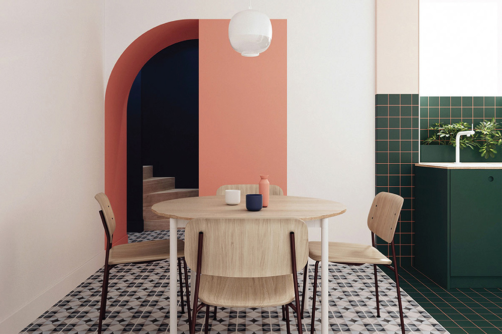 Phòng bếp và phòng ăn dù không sử dụng tác phẩm nghệ thuật treo tường nhưng vẫn rất ấn tượng nhờ sự phân vùng bằng màu sắc: Vẻ tươi mát của màu xanh lá cây cho khu vực nấu nướng và sắc sơn hồng ngọt ngào cho phòng ăn nữ tính.