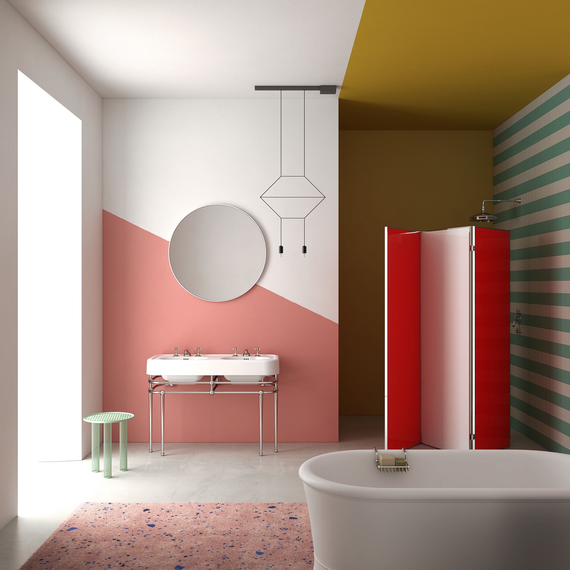 Bức tường trắng - hồng phấn ở bồn rửa tay có chút tương đồng với thảm trải sàn ở bồn tắm. Họa tiết kẻ sọc ngang trắng - xanh giúp 'nới rộng' không gian và một sắc vàng mù tạt ngay vị trí vòi sen làm điểm nhấn cho phòng tắm.