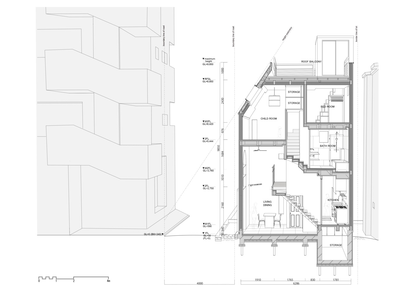 Sơ đồ thiết kế ngôi nhà phố 3 tầng tại Nhật Bản do Arte-1 Architects cung cấp.