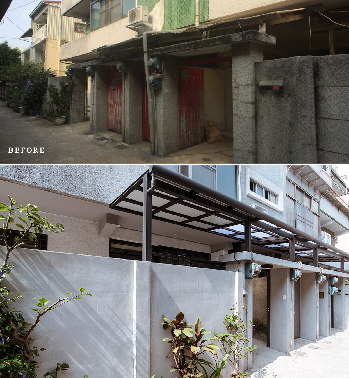 Hình ảnh ngôi nhà trước và sau khi được đội ngũ của Xiaofu Masonry Space Design cải tạo, mặt tiền như được thay một chiếc áo mới tươi sáng, mới mẻ.