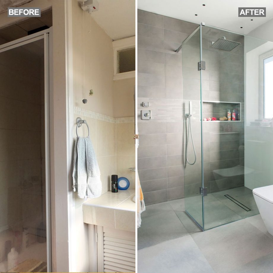 Hình ảnh khác biệt hoàn toàn giữa phòng tắm trước và sau khi được cải tạo.