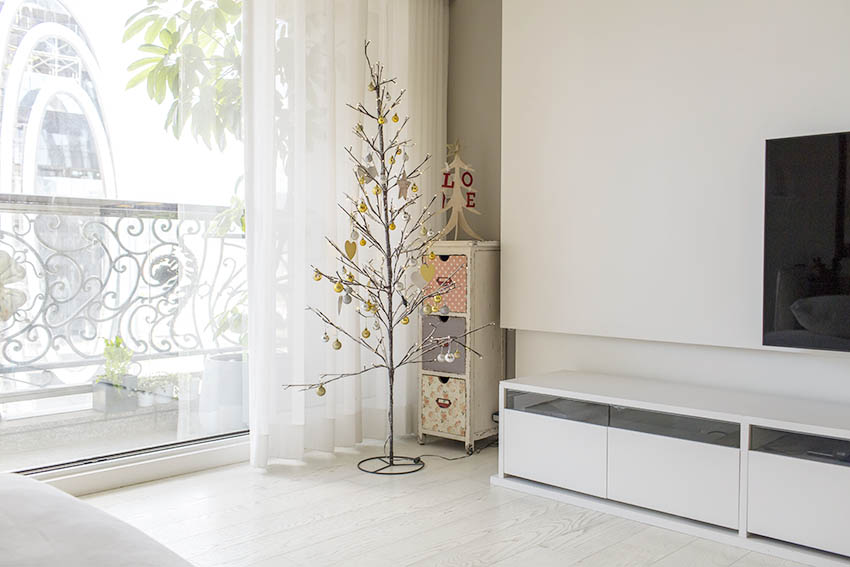 Giáng sinh đang đến gần và cặp đôi đã trang trí cho căn hộ một cách đơn giản nhất có thể, đó là một cây thông Noel tối giản với những quả châu lấp lánh ánh vàng, bạc.
