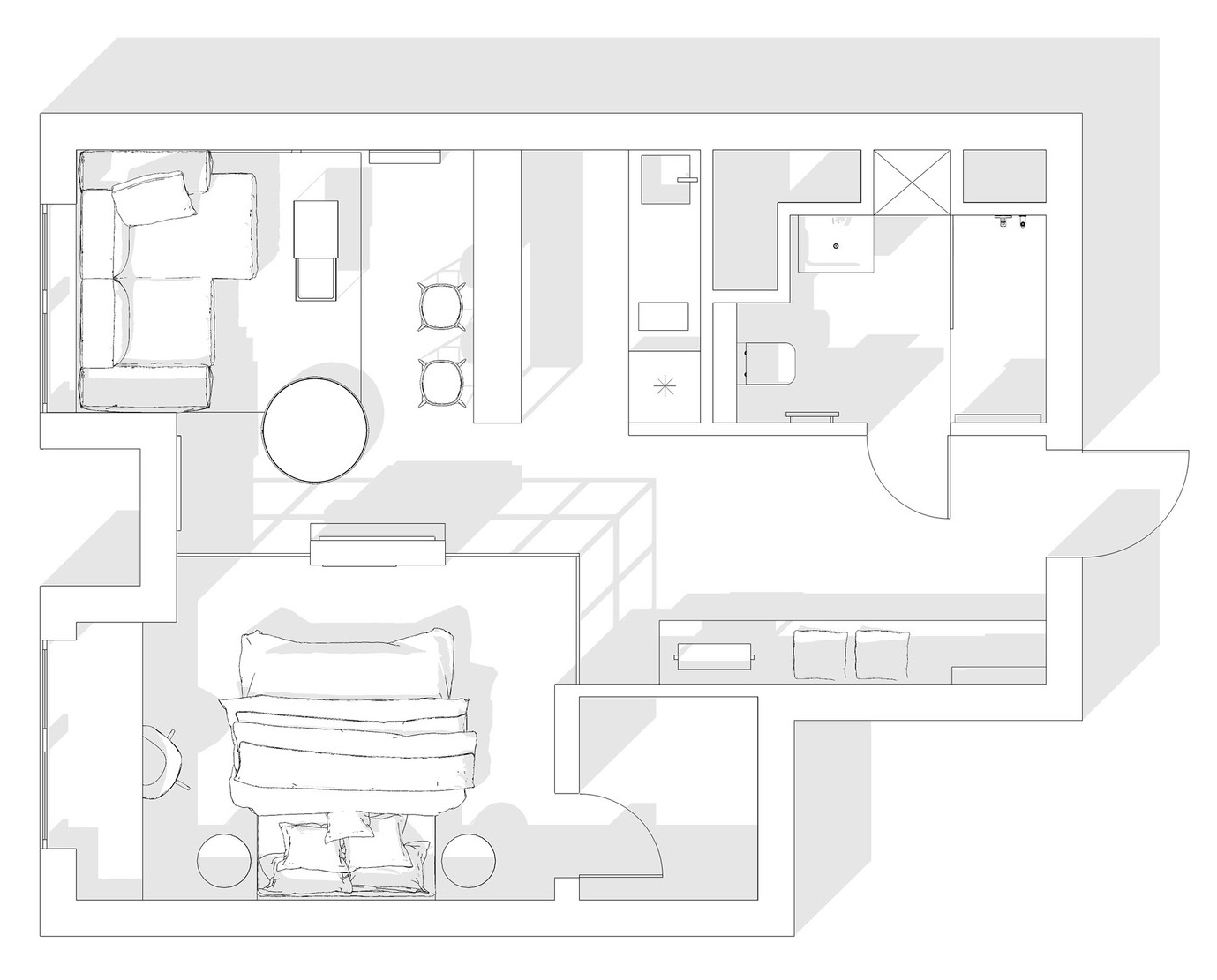 Sơ đồ thiết kế nội thất căn hộ 42m² của chàng độc thân do KIDZ Design cung cấp.