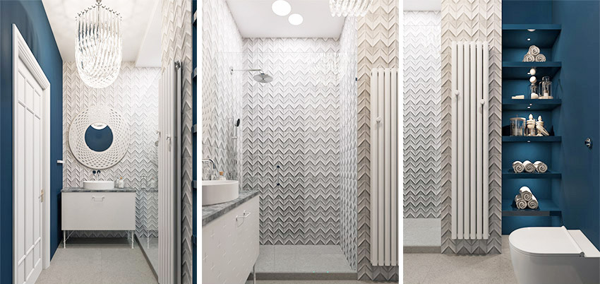Những hình ảnh trong phòng tắm mang lại cho chúng ta cảm nhận về một không gian đầy quyến rũ với đèn chùm pha lê, tường ốp gạch 3D họa tiết zigzag, vách ngăn kính trong suốt và kệ mở sơn màu xanh lam đậm 'tone sur tone' với màu tường.