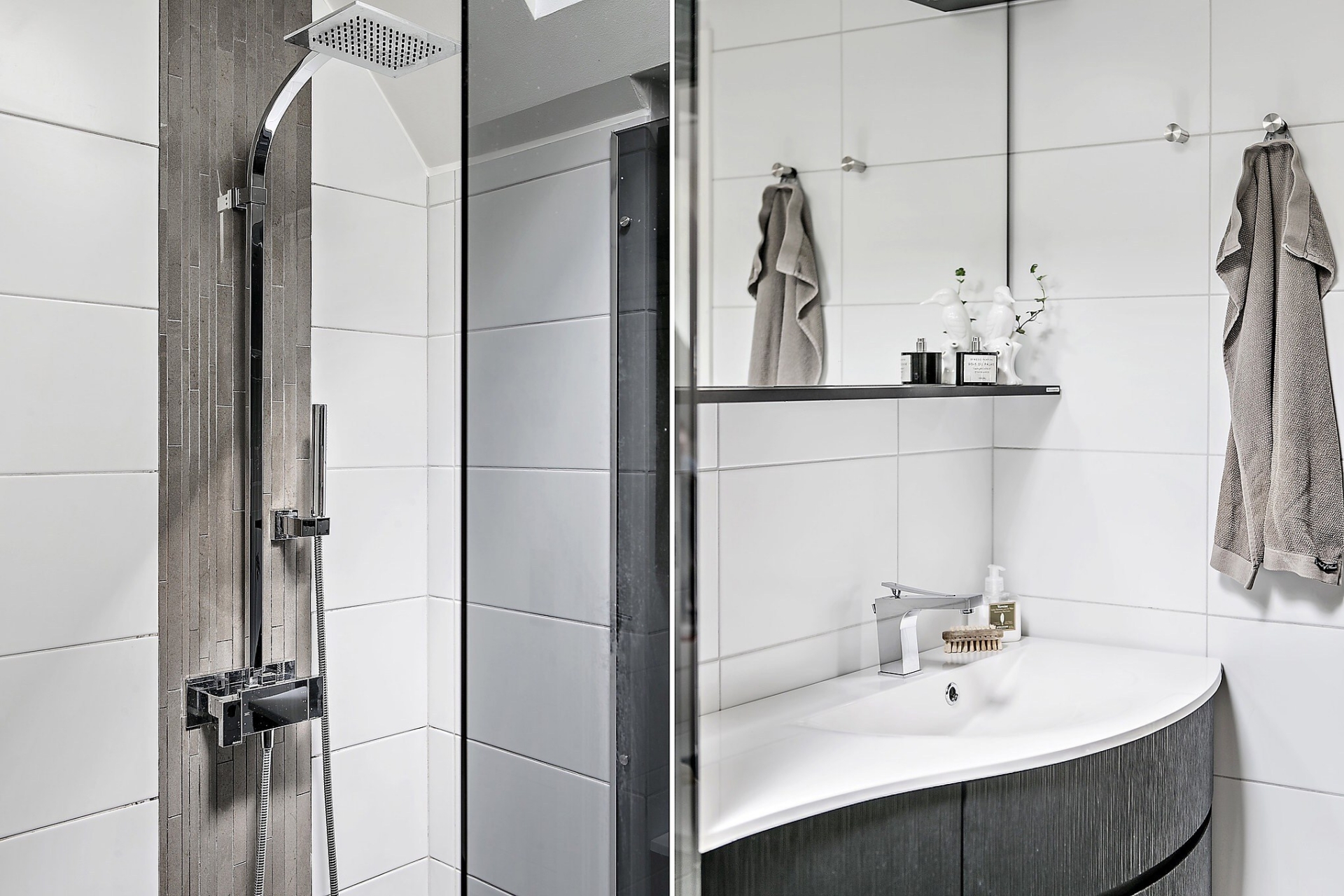 Buồng tắm vòi sen phân vùng với khu vực toilet bằng cửa kính gương mờ. Tủ vanity với đường con mềm mại duyên dáng, phía trên bồn rửa là gương soi kết hợp kệ mở tiện ích. 