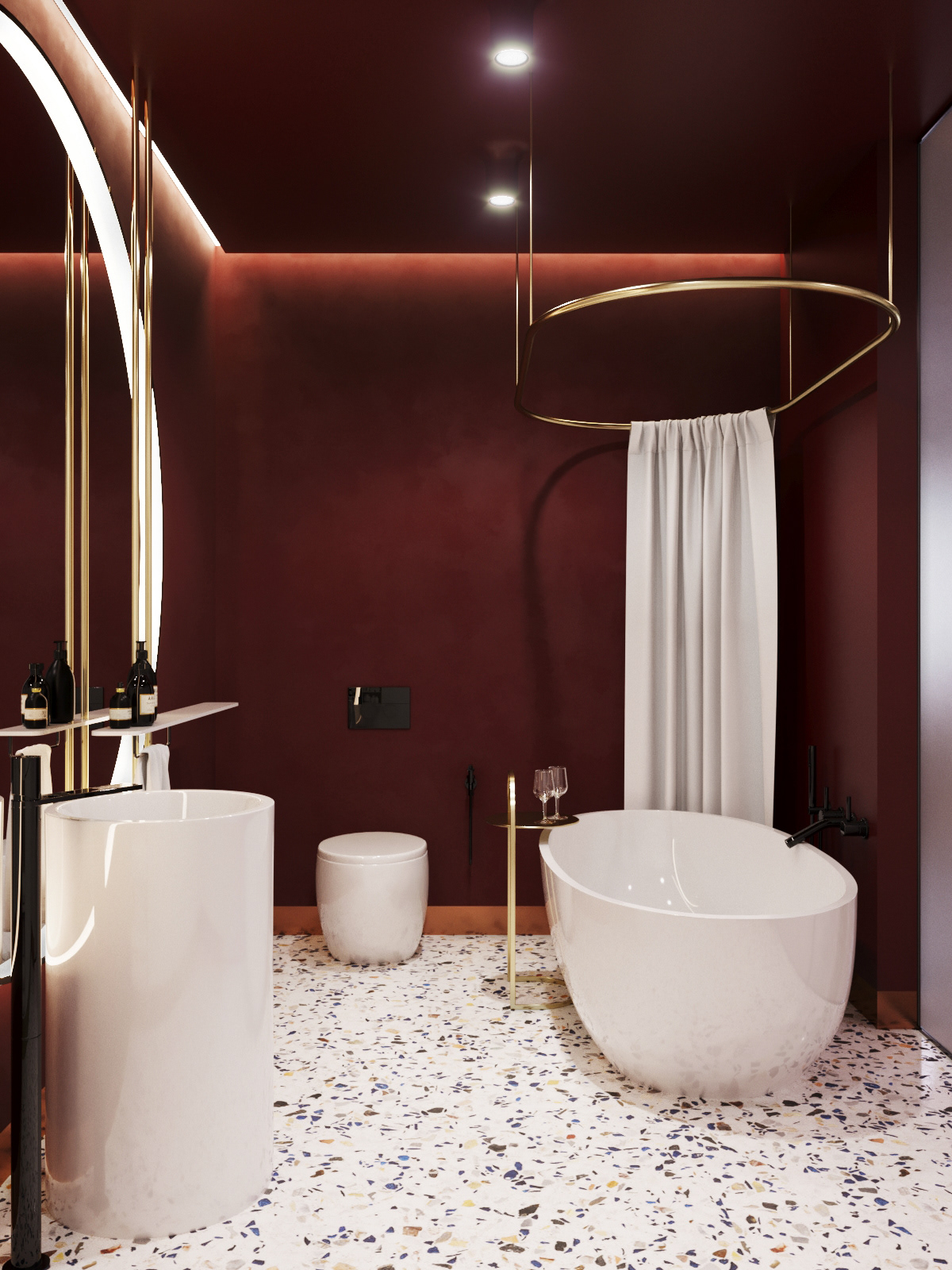 Một cảm giác quyến rũ đầy “sexy” khi bước chân vào phòng tắm này. Toàn bộ bức tường được sơn màu đỏ rượu vang, tạo sự tương phản mạnh mẽ với nội thất trắng sứ và sàn gạch họa tiết terrazzo sinh động.