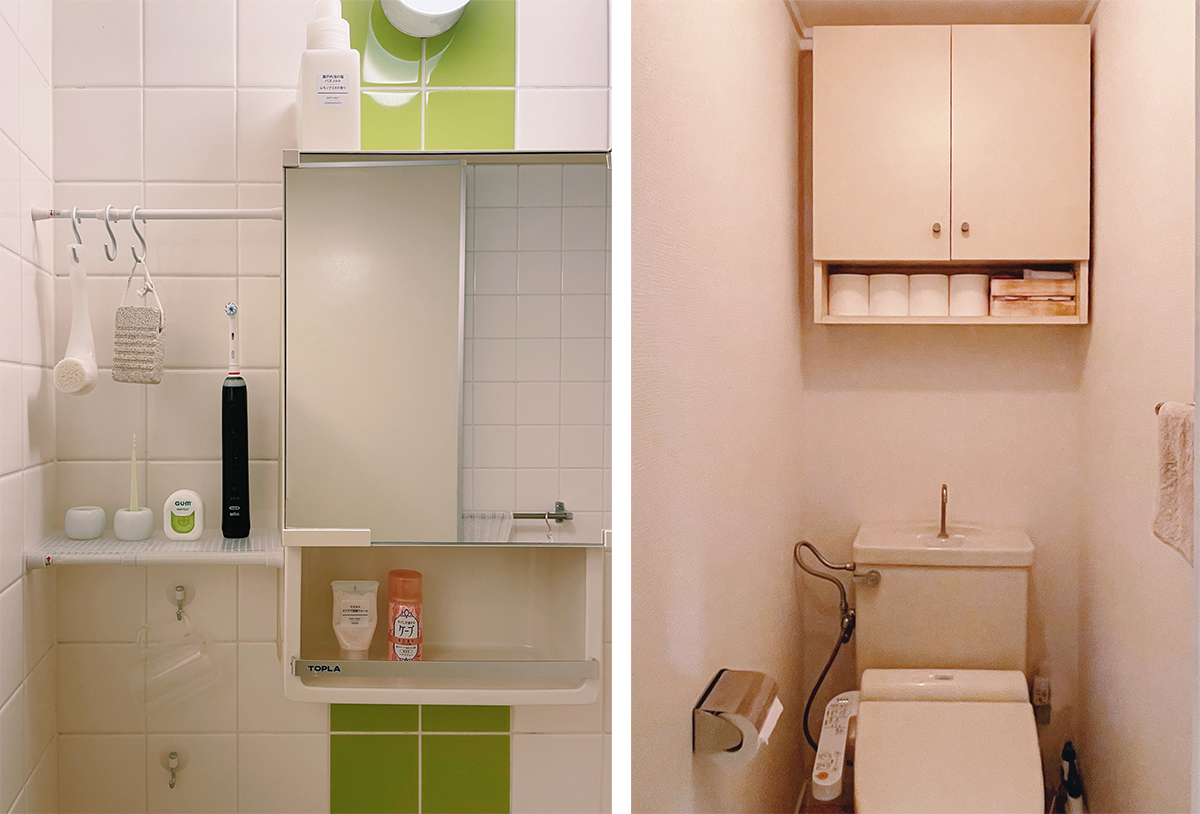 Sắc xanh lá này tiếp tục trở thành tiêu điểm cho tường phòng tắm. Nhà vệ sinh hẹp nhưng gọn gàng với vòi nước tái sử dụng và tủ lưu trữ trên cao.