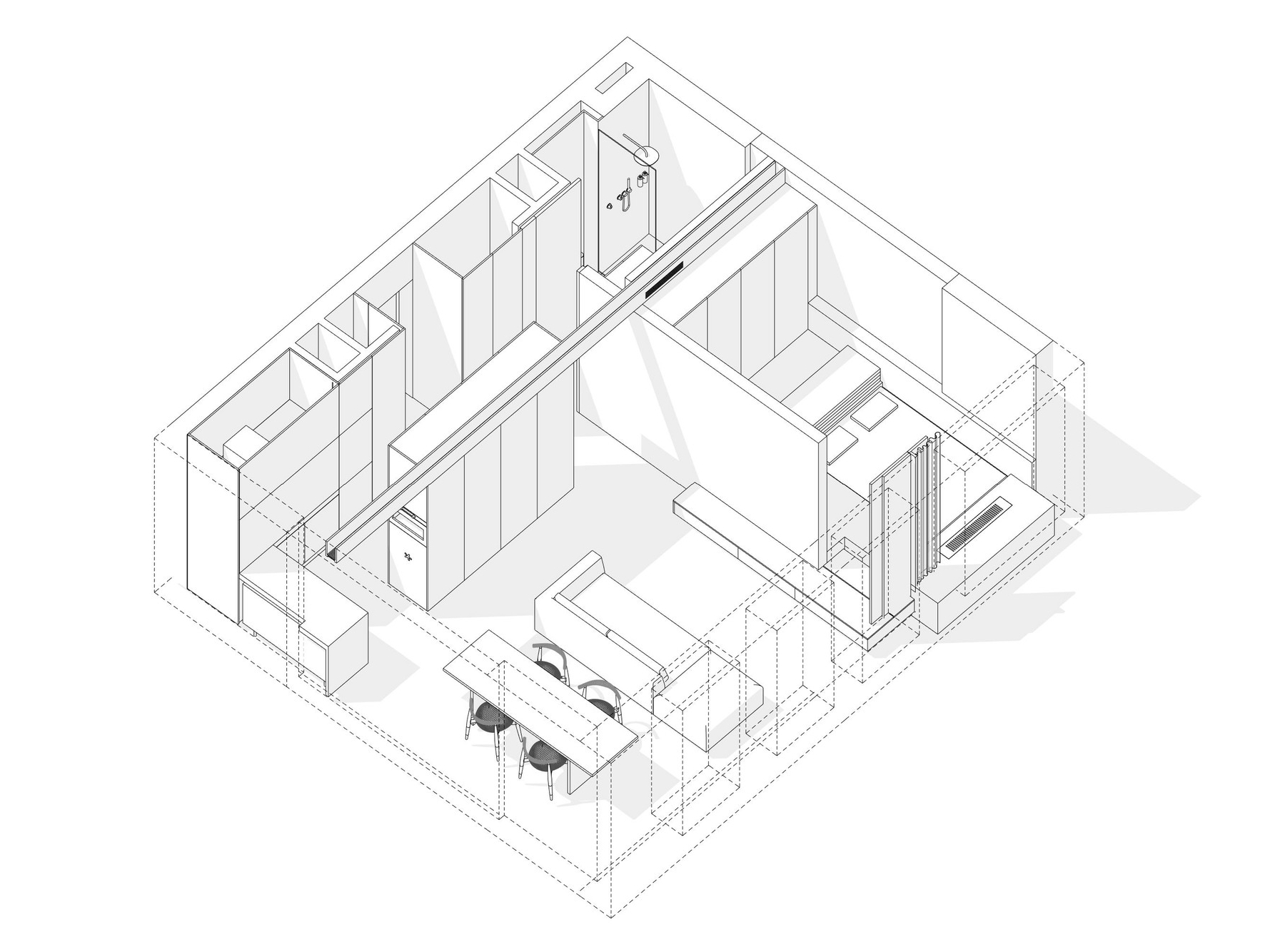 Sơ đồ thiết kế nội thất của căn hộ 48m² do đội ngũ của Dudes Architect cung cấp.