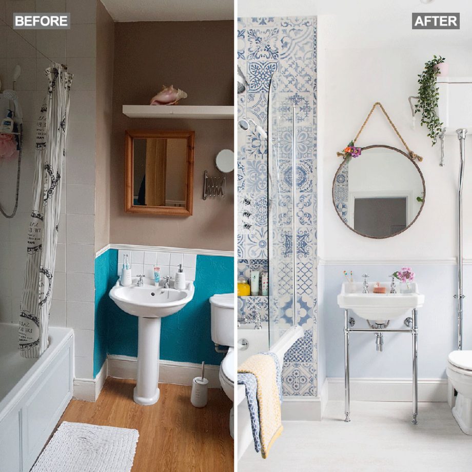 Hai hình ảnh khác biệt hoàn toàn giữa phòng tắm trước và sau khi được cải tạo.