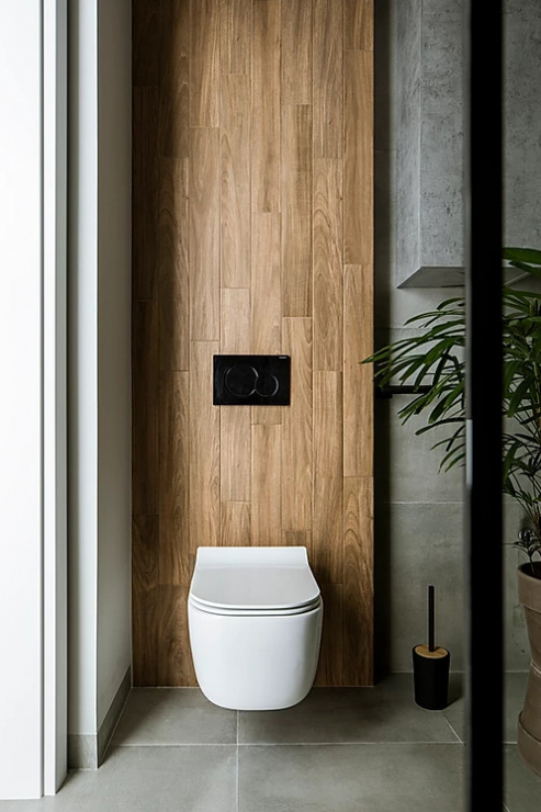 Khu vực nhà vệ sinh với bức tường ốp gỗ phân vùng với các không gian còn lại, đặc biệt sử dụng thiết kế toilet gắn tường hiện đại giúp tiết kiệm diện tích tối đa.