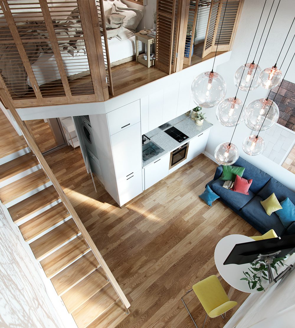 Toàn cảnh căn hộ nhỏ xinh với góc chụp từ trên cao cho thấy ưu điểm trần nhà cao thoáng, cực kỳ thích hợp để bổ sung một phòng ngủ trên tầng lửng để 'nhân đôi' diện tích sử dụng.
